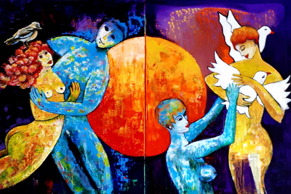 Togetherness and tenderness can be combined as one painting "Celebration of love" 120-80 cm 500 euro available